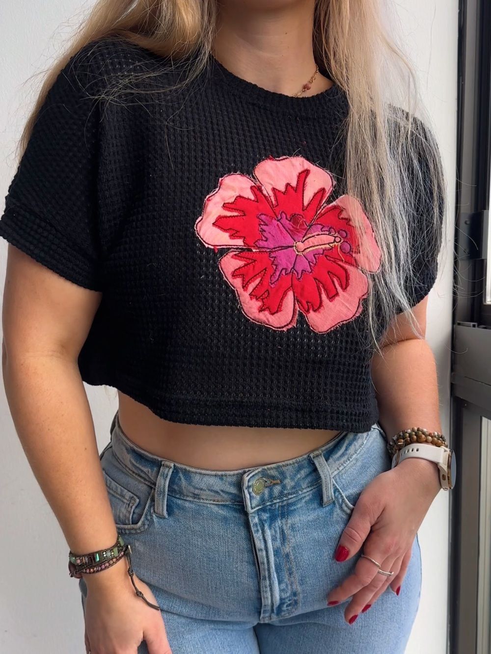 Black Waffle Knit Cropped Tee with Pink Red Hibiscus Embroidered Floral Applique